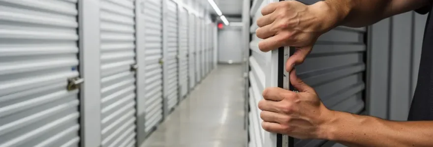 Couloir de centre de self-stockage avec portes de box alignées à Strasbourg