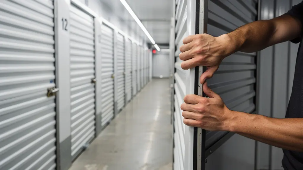 Couloir de centre de self-stockage avec portes de box alignées à Strasbourg