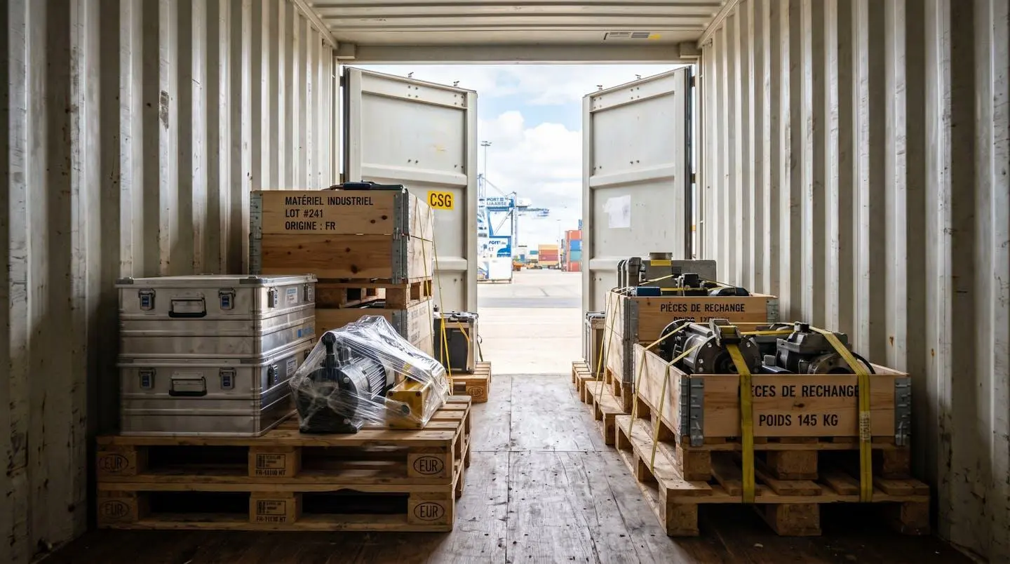Intérieur d'un conteneur maritime sec utilisé pour le stockage professionnel de matériel industriel
