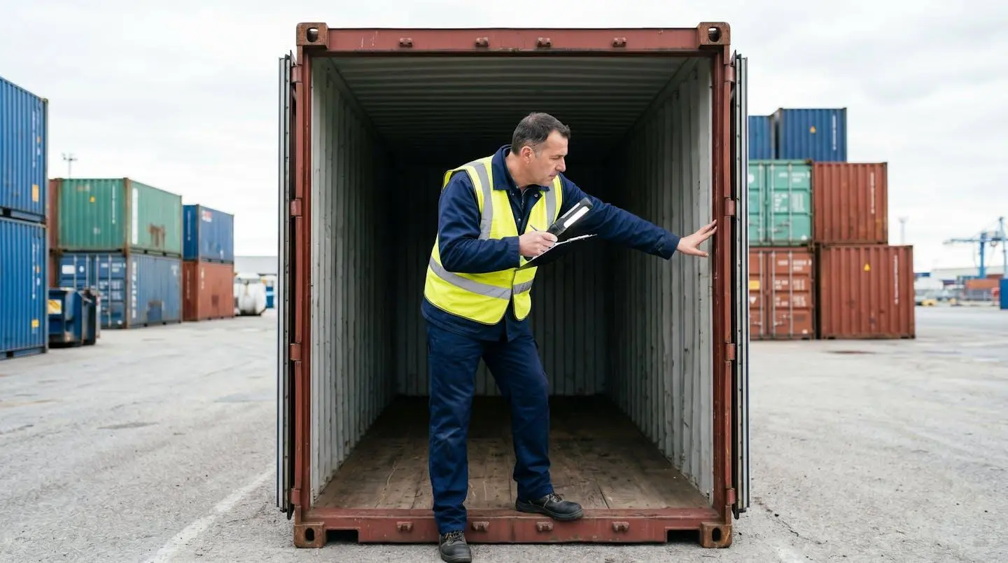 Responsable logistique inspectant un conteneur maritime dans un dépôt professionnel avant livraison
