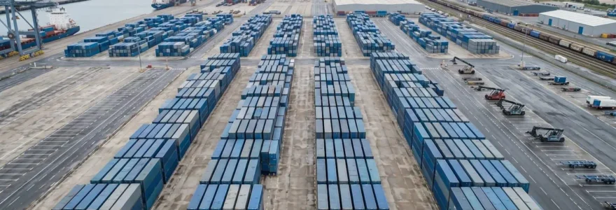 Vue aérienne d'une zone de stockage industriel avec plusieurs conteneurs maritimes rangés dans un dépôt professionnel
