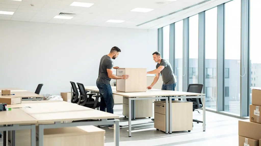 Déménageurs professionnels installant du mobilier de bureau dans de nouveaux locaux commerciaux lumineux et vides