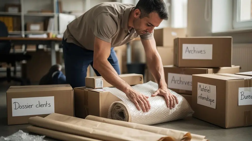 Déménageur professionnel emballant et étiquetant méthodiquement du matériel de bureau dans des cartons de protection